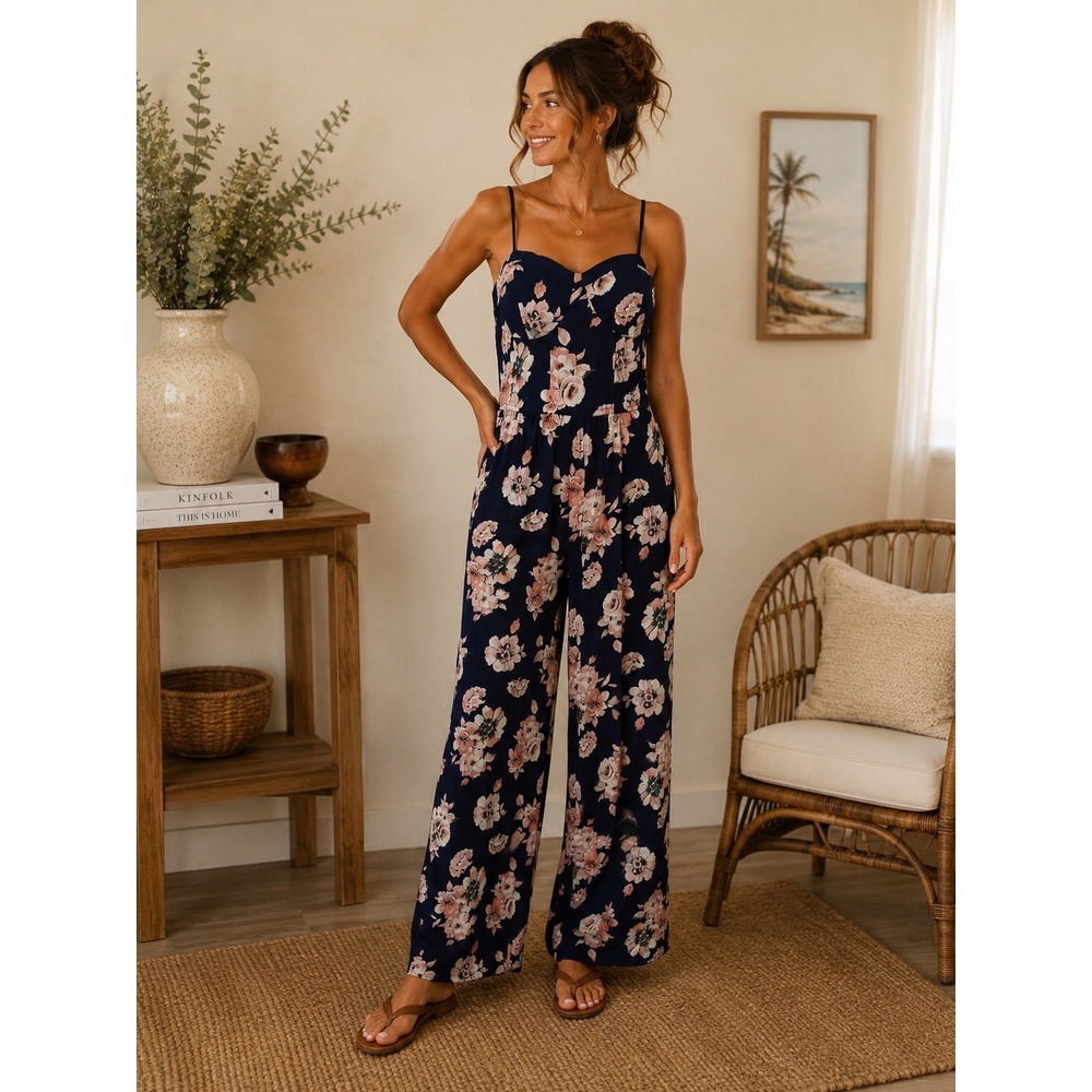 Band of‎ Gypsies Navy Floral Wide Leg Jumpsuit Sweetheart Neck Smocked Back M